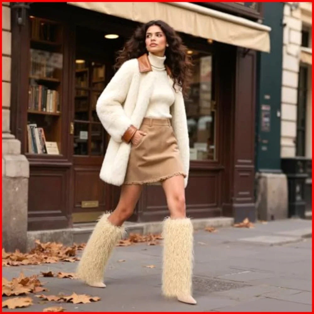 Knee High Faux Fur Boots Wide Calf Stiletto Heel Pointed Toe Winter